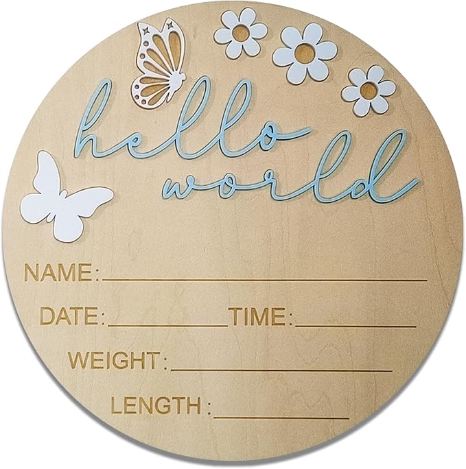 Hello World Newborn Sign - 5.9” Round Wooden Baby Announcement Sign with 3D Butterfly & Flowers - Keepsake Birth Gift for Baby Boy’s First Day, Hospital, Shower, or Nursery Décor (Blue)
