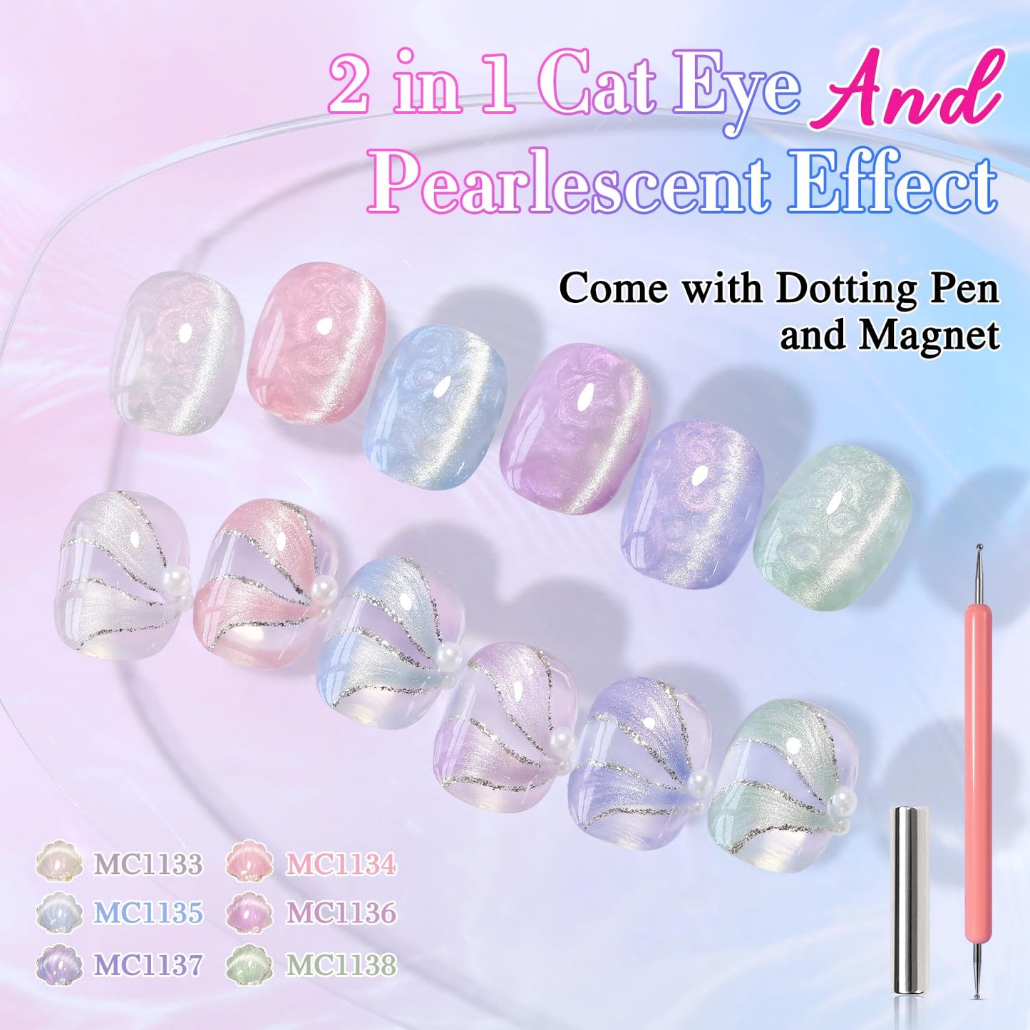 Double Rhythm Cat Eye Gel Nail Polish Set of 6 Same Color Same Bottle 0.5 Oz Shimmer Glitter with Magnet Holographic Reflective Magnetic UV Nail Polish Kit (Pearl Pink Blue Green Purple-T6-36)