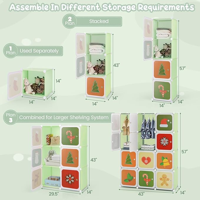 Costzon Kids Closet, Cartoon DIY Modular Dresser Storage Organizer with 12 Cubes & 2 Clothes Hanging Rack, Portable Armoire for Baby Toddlers, Kids Wardrobe for Bedroom Nursery