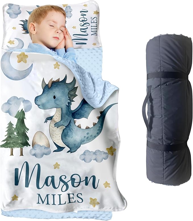 Personalized Toddler Nap Mats for Preschool, Custom Name Kids Sleeping Bag for Daycare, Roll Up Sleeping Mat with Removable Pillow and Soft Dot Minky Blanke for Boys Camping Travel