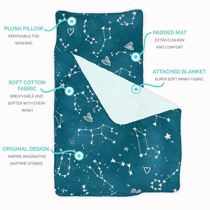 JumpOff Jo Nap Mat for Kids - Cozy Kids Rest Mat with Removable Pillow and Ultra Soft Blanket for Preschool, Daycare, and Sleepovers - Night Sky