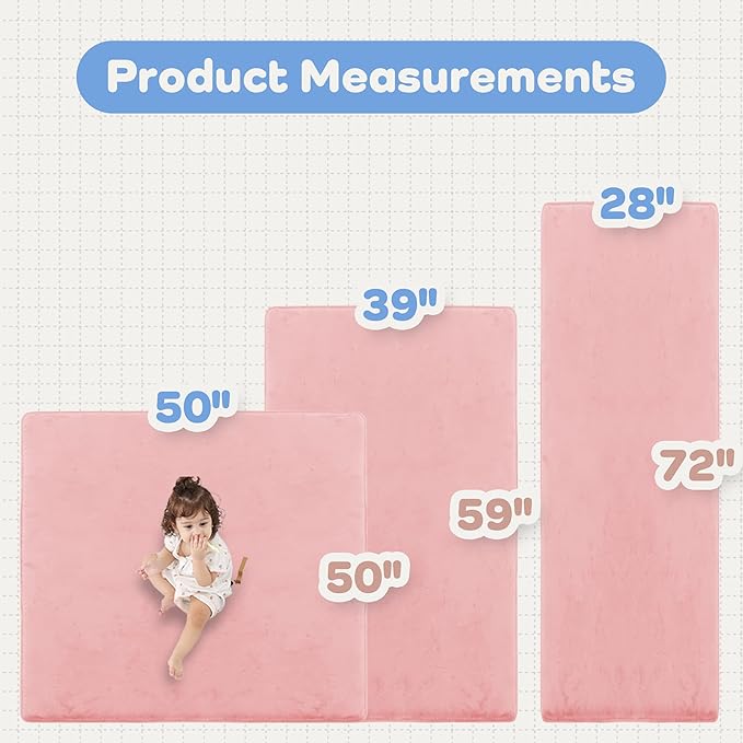 1.3" Thick Baby Floor Play Mat 50x50, Basic Padded Foam Mat for Tummy Time Crawling, Non Slip Cushioned for Babies Toddlers Infants Kids (Pink)