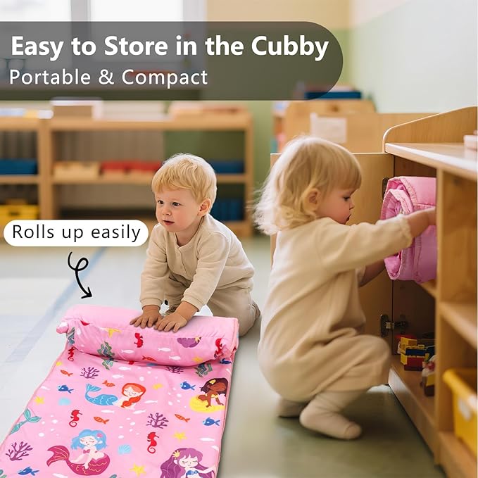 Primlect Toddler Nap Mat with Removable Pillow and Fleece Blanket, Extra Large 55''x35'' Sleeping Bag, Washable, Light, Easy to Roll up, Perfect for Daycare, Preschool, Kindergarten, Travel