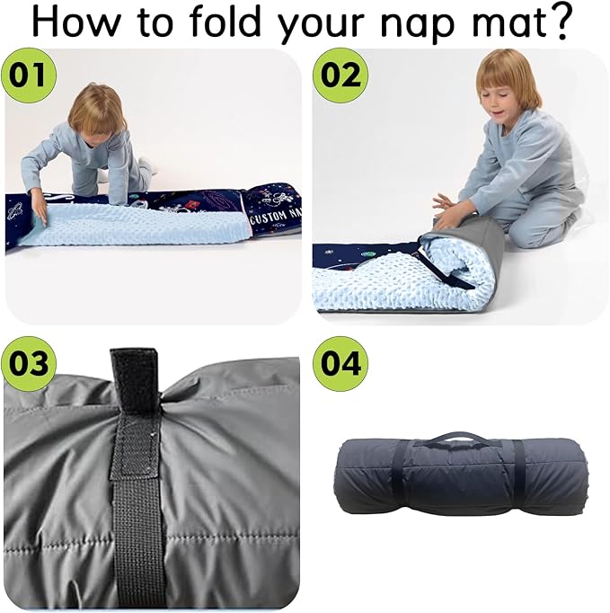 Personalized Toddler Nap Mats for Preschool, Custom Name Kids Sleeping Bag for Daycare, Roll Up Sleeping Mat with Removable Pillow and Soft Dot Minky Blanke for Boys Camping Travel