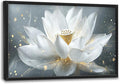 Olivine Zen Wall Art, Lotus Pictures Wall Decor, White and Golden Lotus Painting Flower Canvas Prints, Framed Artwork for Bedroom Bathroom Living Room Dining Room Office Home Decoration 36"x24"