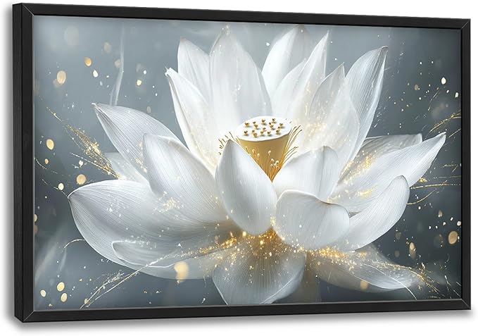 Olivine Zen Wall Art, Lotus Pictures Wall Decor, White and Golden Lotus Painting Flower Canvas Prints, Framed Artwork for Bedroom Bathroom Living Room Dining Room Office Home Decoration 36"x24"