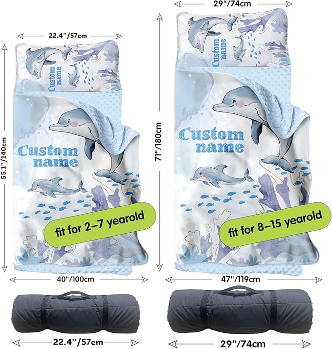 Personalized Toddler Nap Mats for Preschool, Custom Name Kids Sleeping Bag for Daycare, Roll Up Sleeping Mat with Removable Pillow and Soft Dot Minky Blanke for Boys Camping Travel