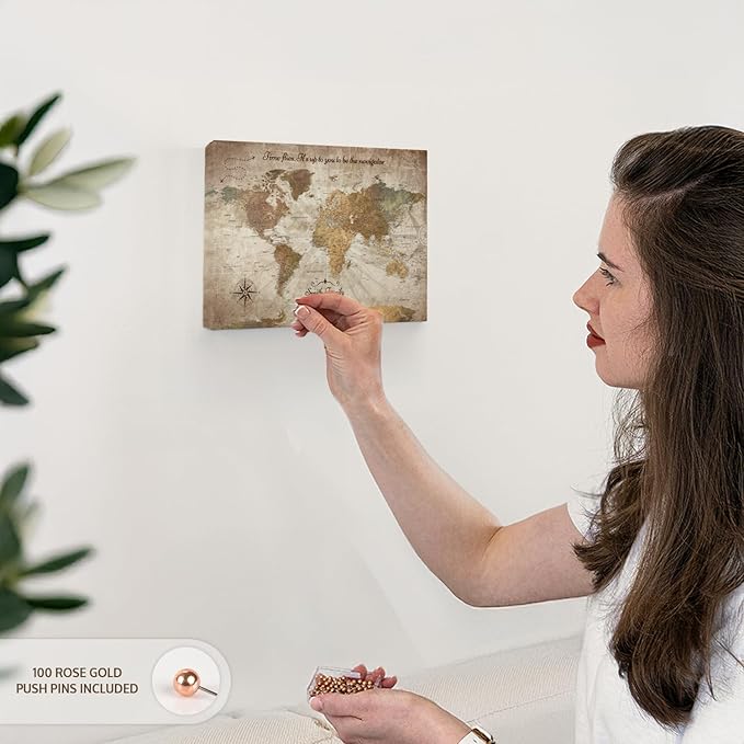 ElephantStock - Personalized Be The Navigator I Push Pin World Map Wall Art - Horizontal Canvas Wall Art - Living Room Wall Decor - Digital Art Map Canvas Art - Brown And Beige Decor - 12" x 8"