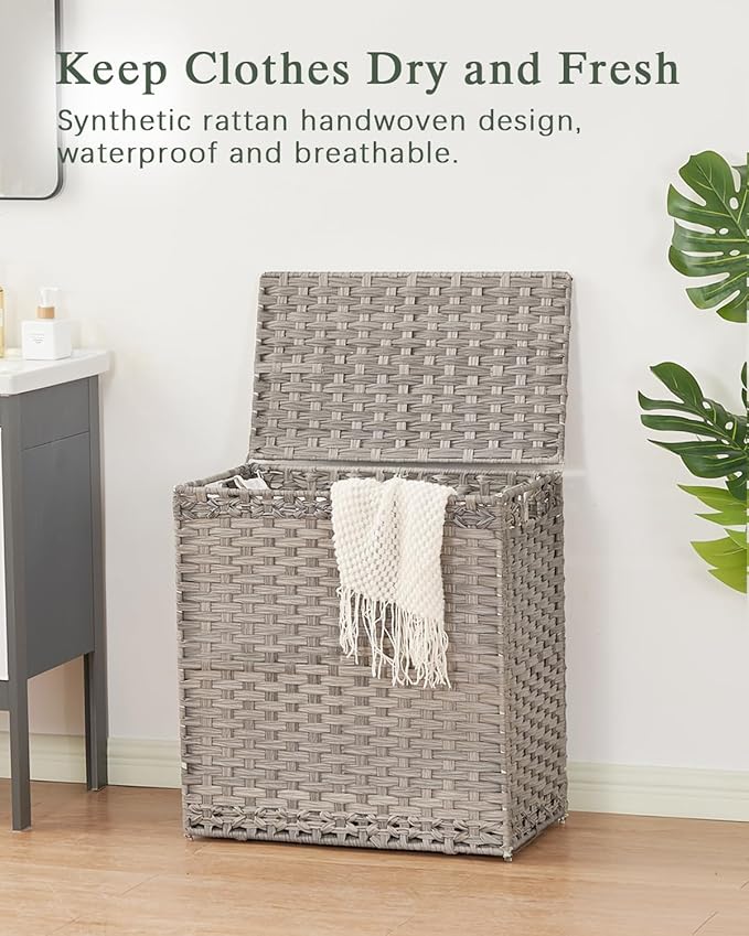 Laundry Hamper with Lid Wicker Laundry Basket 112 L (29.6 Gal) Laundry Hampers Handwoven Rattan Clothes Hamper with Handles 3 Removable Liner Bag, 6 Mesh Bags for Bathroom Bedroom Gray