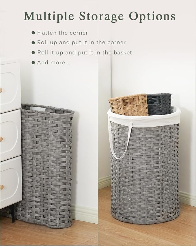 Laundry Basket with Lid Round Rattan Laundry Hamper with Lid and Handles 29.1 Gal (110 L) Handwoven Woven Basket with Removable Bags and 2 Mesh Bags for Bathroom Living Room Gray