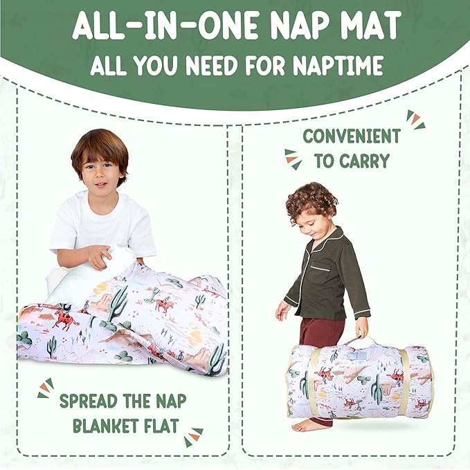 Morxy Toddler Nap Mat with Pillow & Blanket Large Portable Roll Up Nap Mats with Name Tag- Thick Kids Sleep Mat for Daycare, Preschool Travel and Camping for Age 3 and up