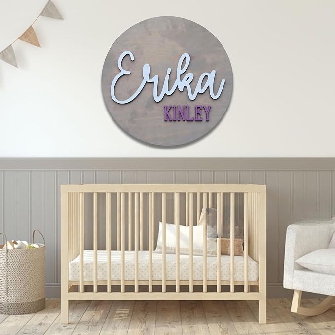 Custom Round Nusery Name Sign, Personalized 3D Baby Name Announcement Sign, Personalized Wooden Wall Plaque, 3D Wall Art for Children & Kids Rooms, Family Name Signs, 30 Colors (Design 8)