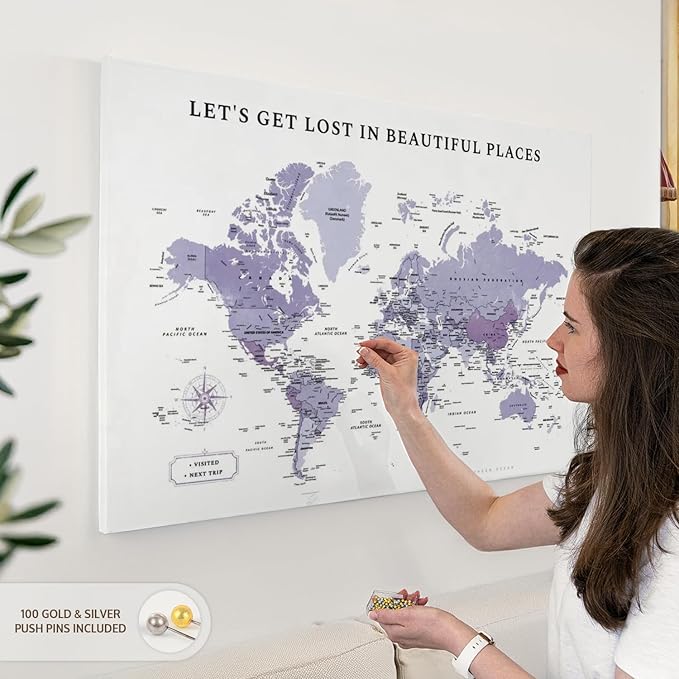 ElephantStock - Beautiful Places II Push Pin World Map Wall Art - Horizontal Canvas Wall Art - Living Room Wall Decor - Digital Art Map Canvas Art - White And Black Decor - 39" x 26"