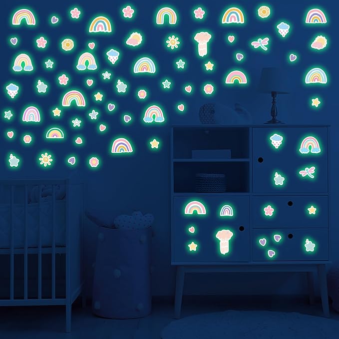 Rainbow Wall Decal Glow in The Dark, Small Watercolor Heart Star Flower Stickers for Girls Room, Kids Boys Baby Nursery Decor