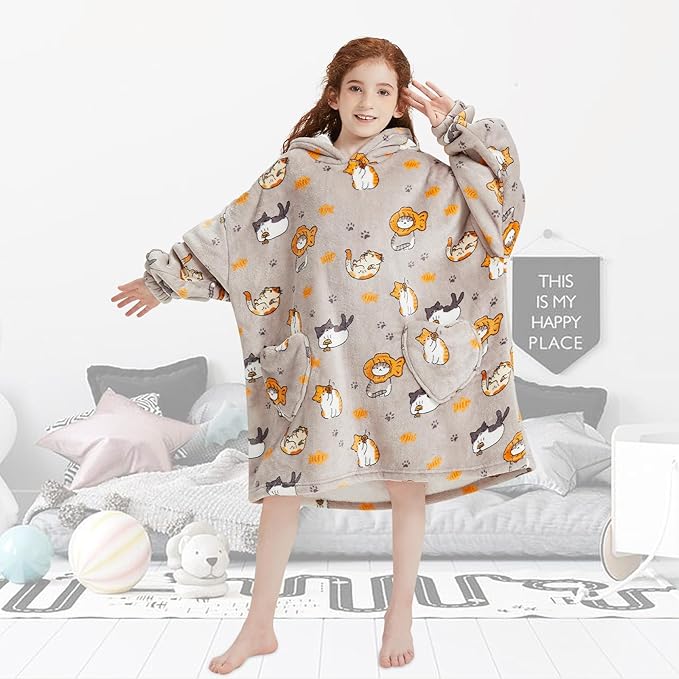 Fiosnow Cat Blanket Hoodies for Kids 6-13YR Oversize Wearable Blanket Hoodies for Boys Girls Teens
