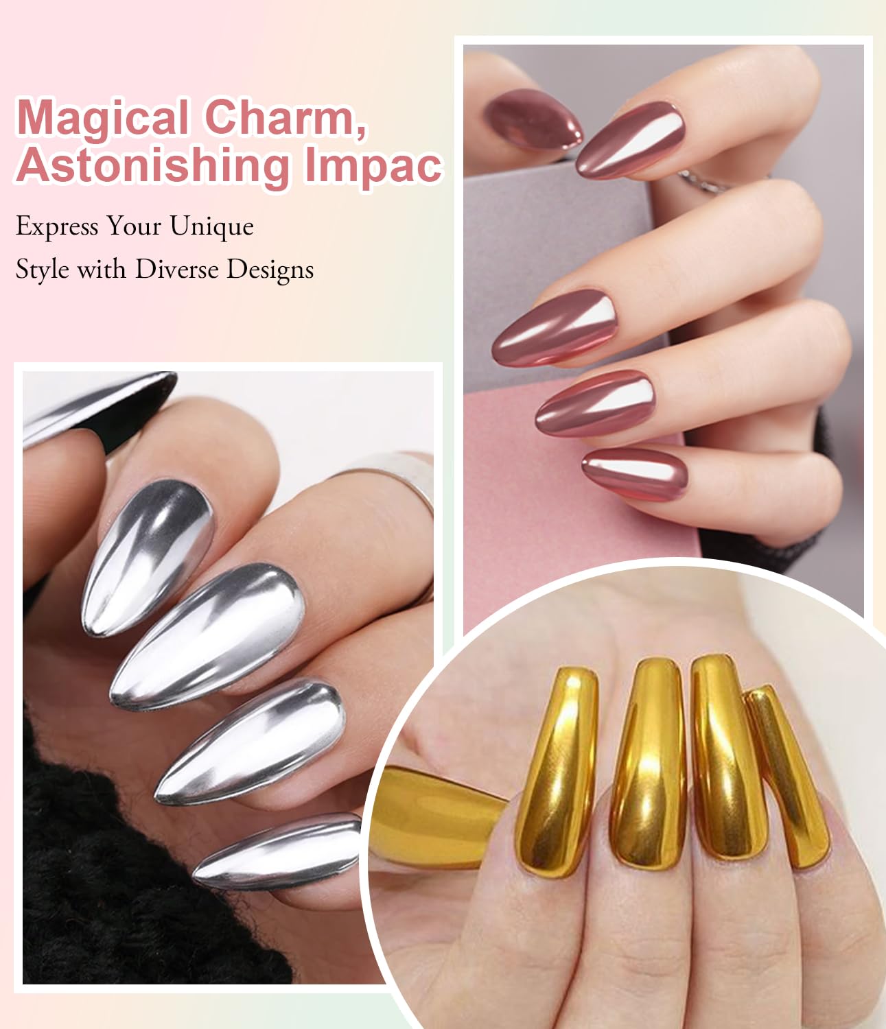 Chrome Nail Powder BISHENGYF: Super Metallic Effect Chrome Powder For Nails Gold Silver Red Laser White Pearl Nail Chrome Powder for Nails Art Decoration