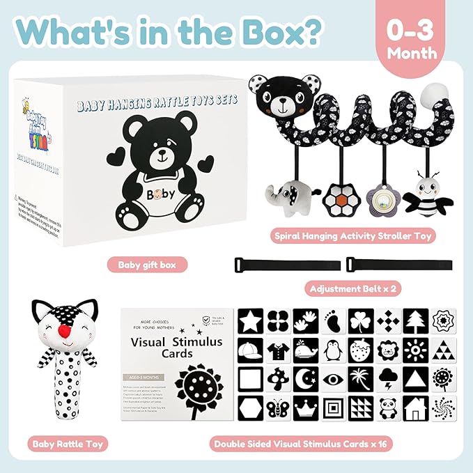 TSYAN High Contrast Baby Toys for Babies 0-6 Months, Black and White Baby Sensory Toys with Car Seat Toys,Infant Toys with Black White Cards Book, Montessori Toys for Baby Gifts