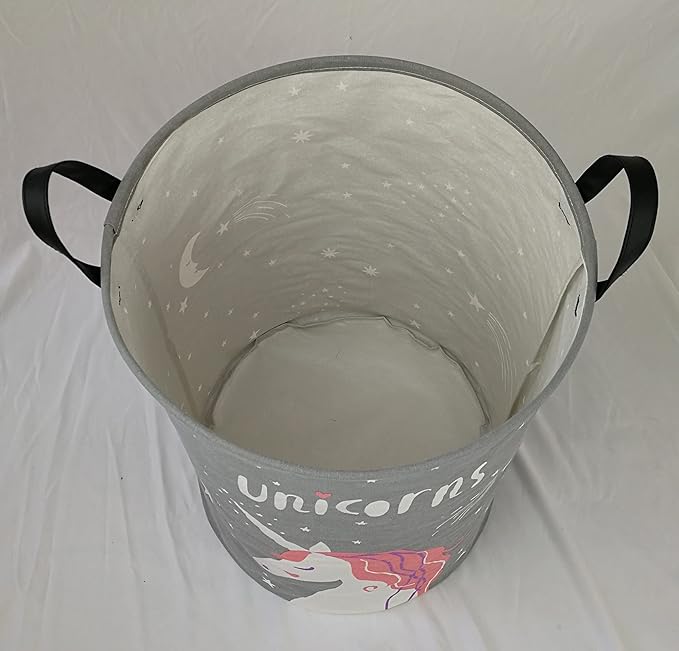 KUNRO Round Laundry Basket Hamper Kids Toys and Clothes Storage Basket Children Gift Basket Baby Toy Organizer Bins for Room Decor (Grey Unicorn)