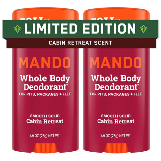 Mando Whole Body Deodorant For Men - Smooth Solid Stick - 72 Hour Odor Control - Aluminum Free, Baking Soda Free, Skin Safe - 2.6 Ounce (Pack of 2) - Cabin Retreat Limited Edition Scent