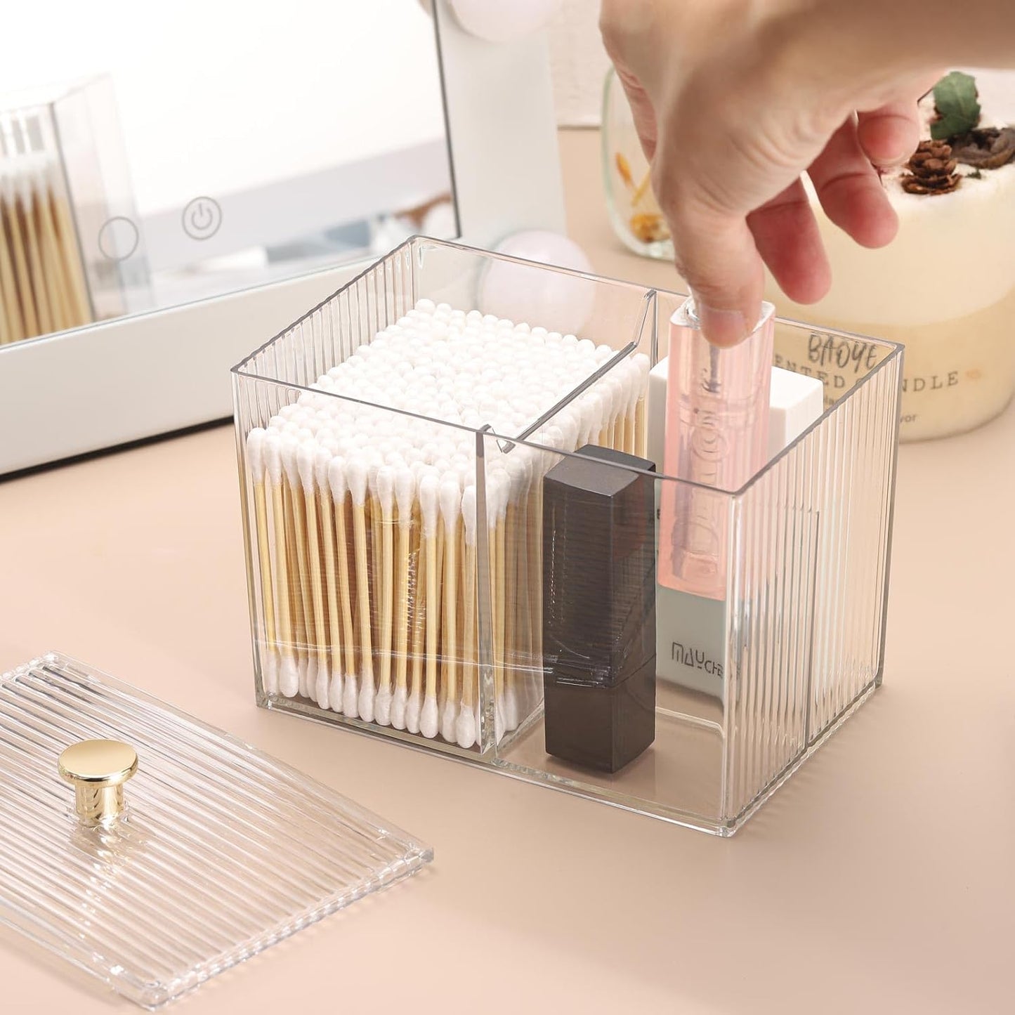 Tbestmax Qtip Holder Dispenser 3-Section Clear Bathroom Container Organizer 3 Grids Cotton Swab/Pad/Ball Holder Container Cosmetics Storage for Vanity