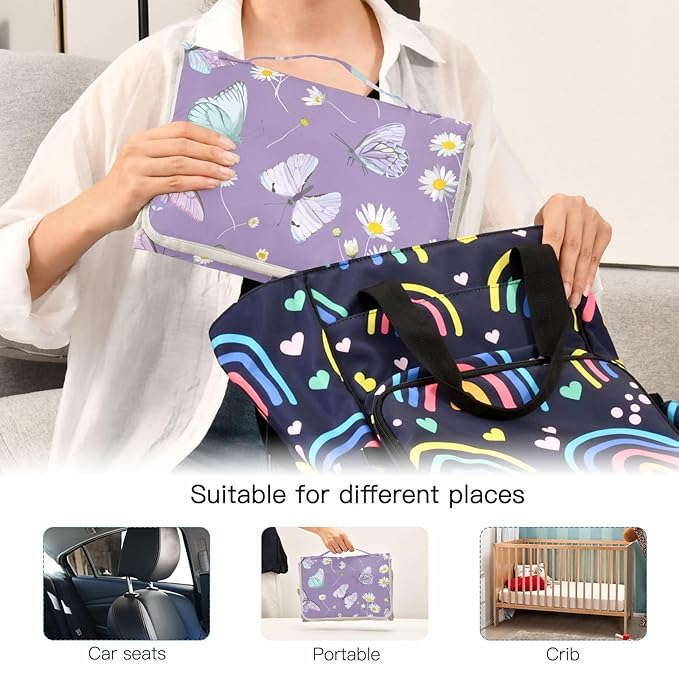 Portable Changing Pad for Baby - Butterfly Purple Waterproof Diaper Changing Mat Travel Changing Pad with Built-in Pillow - Shower Gift for Baby