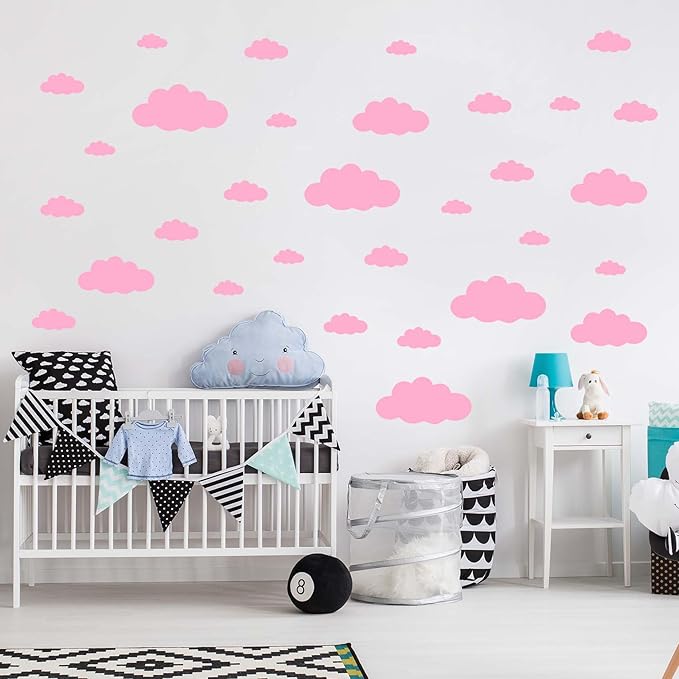 31PC Pink Cloud Wall Decals, Removable DIY Large Vinyl Sticker Self Adhesive Wallpaper for Living Room Nursery Children Baby Kids Boys Girls Bedroom Decor Home Art Mural Dec