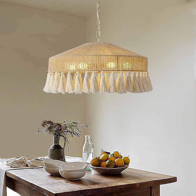 Rattan Pendant Light 19.5in 6 Lights Boho Large Chandelier Wabi-Sabi Pendant Light with Fringe Tassle Chandelier Lighting Fixtures for Living Dining Room Kitchen Bedroom Nursery Girls Room