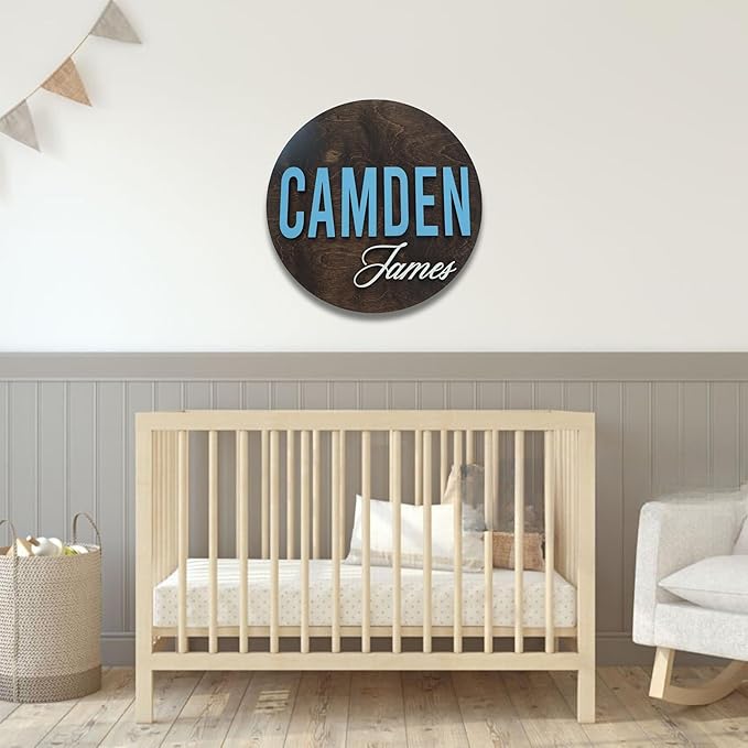 Custom Round Nusery Name Sign, Personalized 3D Baby Name Announcement Sign, Personalized Wooden Wall Plaque, 3D Wall Art for Children & Kids Rooms, Family Name Signs, 30 Colors (Design 10)