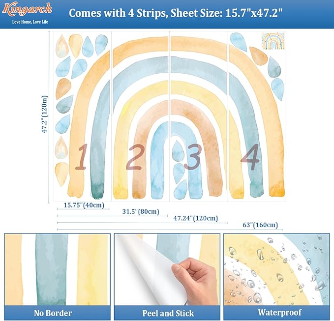 Large Watercolor Rainbow Wall Decals, Raindrops Peel and Stick Fabric Nursery Wall Decor, Removable Home Room Wall Decor Murals Stickers for Kids Girls Toddler Bedroom Living Room Playroom