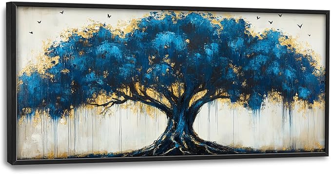Olivine Tree Large Wall Art, Tree Of Life Pictures Wall Decor, Blue Tree Canvas Prints Painting, Framed Artwork for Dining Room Living Room Bedroom Bathroom Office Home Decor 60"x30"