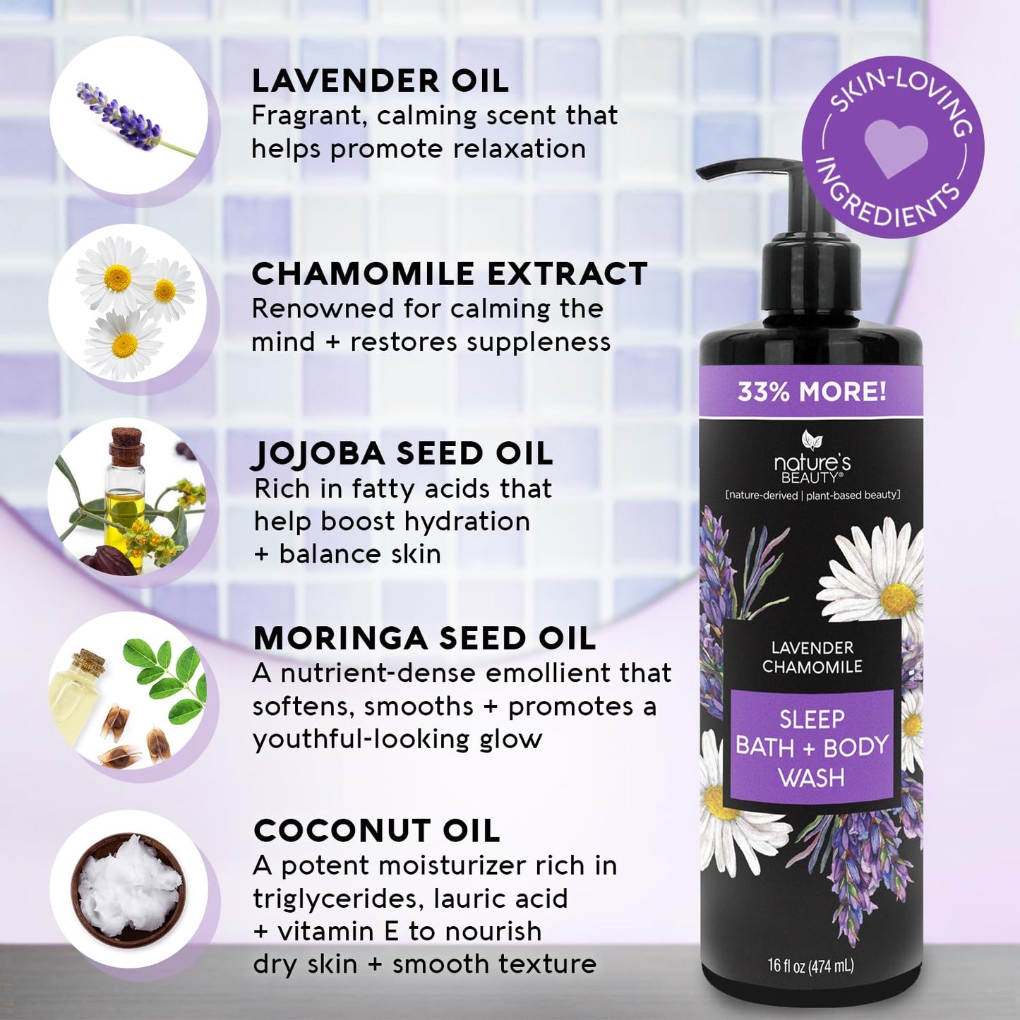 Nature's Beauty Lavender Chamomile Sleep Body Wash for Women Multi-Pack- Gentle Bath + Body Cleanser, Sooth and Calm Combination to Dry Skin Made w/Coconut, Jojoba + Moringa Seed Oils 16floz (2 Pack)