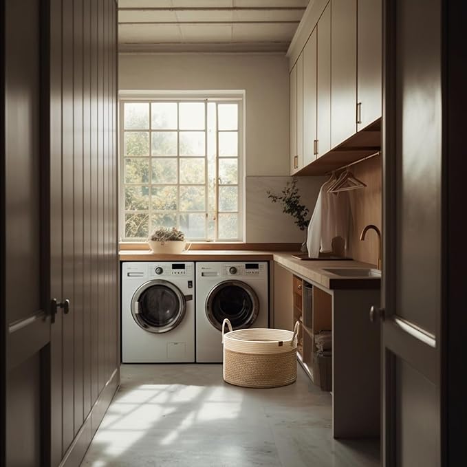 LA JOLIE MUSE Woven Basket Rope Storage Baskets - Tall Cotton Basket, Laundry Basket for Blanket, Kids Toy, Nursery Clothes Hamper Basket-S