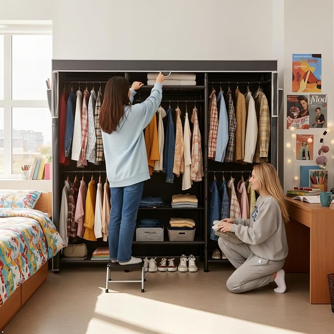 Raybee Clothes Rack with Cover,Portable Closet Heavy Duty,Metal Clothing Racks for Hanging Clothes Adjustable for Bedroom 66.5" Wx15.75 Dx74.8 H Black