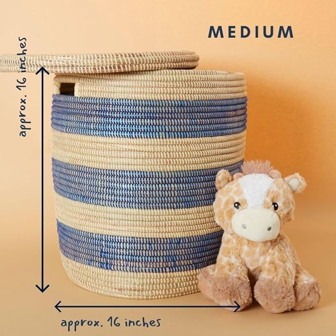Small Blue Stripes Storage Basket, Organize Living Room, Bedroom, Nursery, Decorative, Wicker, Woven, Round, Handles
