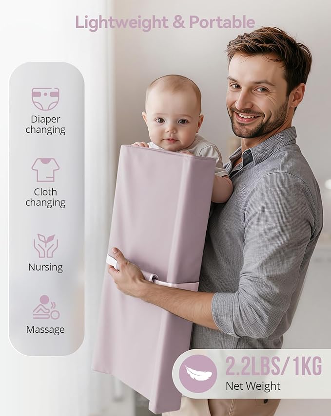 COMOMY Baby Changing Pad with Wipeable & Waterproof PU Cover, Contoured Diaper Changing Pad for Dresser with Non-Slip Safety Belt, Portable and Lightweight, Large Cushioned Foam, Lavender