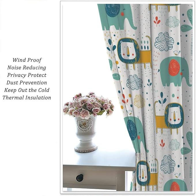 Cute Lions Blackout Curtains for Kids Bedroom,Cartoon Tropical Plants Birds Elephants Print Pattern Window Drapes,Funny Animal Thermal Insulation Curtain for Nursery Baby Room 63x72in