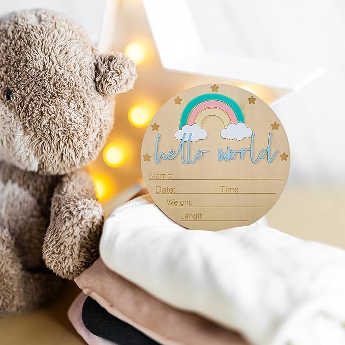 Baby Announcement Sign - 5.9” Round Wooden Hello World Newborn Sign with 3D Rainbow & Cloud - Keepsake Birth Gift for Baby Boy’s First Day, Hospital, Shower, or Nursery Décor (Blue)