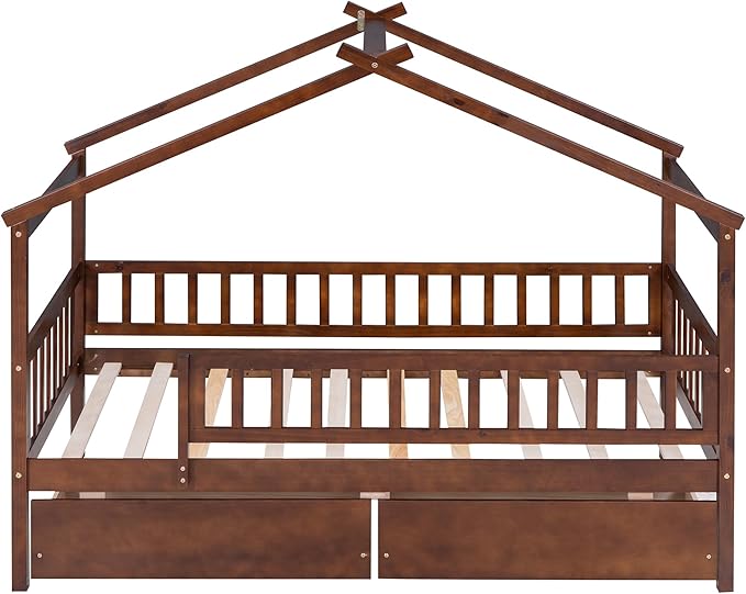 Twin House Bed with 2 Storage Drawers, Kids Twin Bed Frame with Rails and Roof, Tent Bed, Wooden Twin Daybed, Twin Montessori Bed for Kids Teens Girls & Boys, No Box Spring Needed (Walnut)