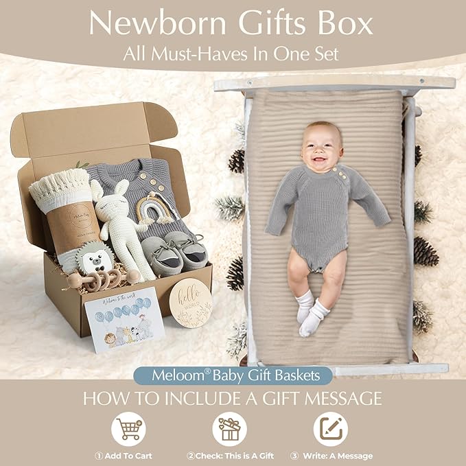 meloom Baby Gift Set, Baby Boy Newborn Gifts Box, Boho Gender Neutral Unisex Baby Essentials, Baby Shower Gifts for New Moms, New Baby Gifts for Boys, Personalized Gift Basket for New Babies