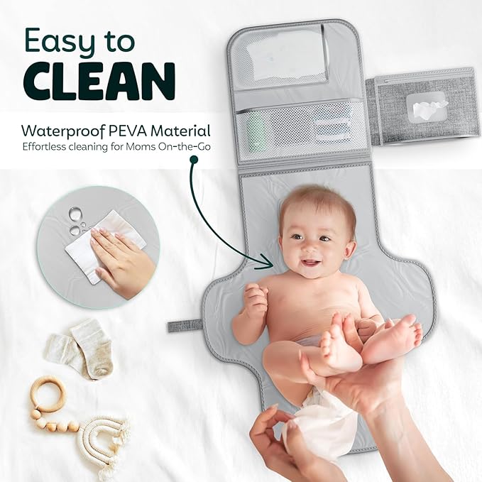 Portable Diaper Changing Pad - Waterproof Travel Diaper Clutch with Wipes Pocket & Storage - Foldable Wipeable Changing Mat for Baby - Newborn Shower Gift - Grey