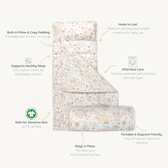 Makemake Organics GOTS Certified Organic Cotton Nap Mat with Detachable Pillow for Kids Soft Sleeping Bag for Toddlers, Boys, Girls - Ideal for Daycare, Preschool, Kindergarten