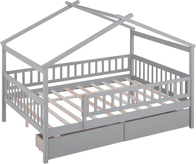 Full House Bed with 2 Storage Drawers, Kids Full Bed Frame with Rails and Roof, Tent Bed, Wooden Full Daybed, Full Montessori Bed for Kids Teens Girls & Boys, No Box Spring Needed (Gray)