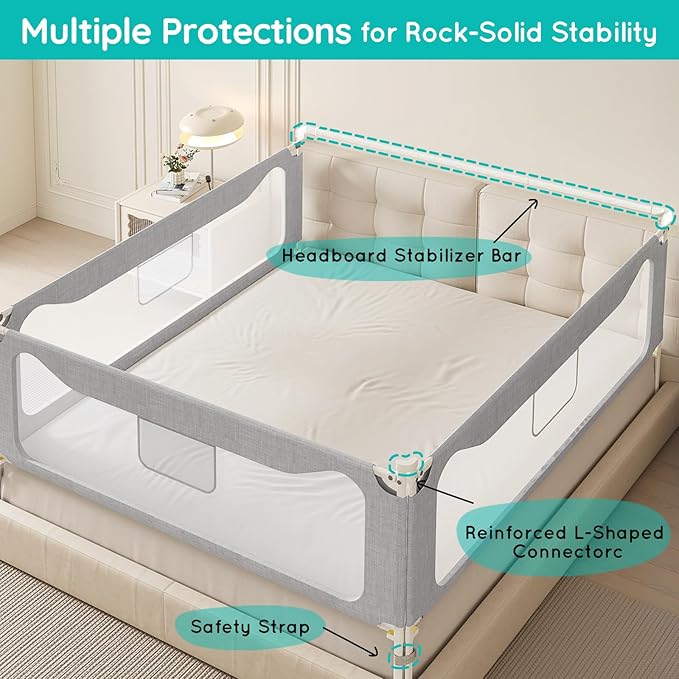 Queen Size Toddler Bed Rail: 3-Side Protection Bedrail for Queen Bed - Extral Tall Adjustable Child Safety Side Railing Guards for Infants Kids Child(78.7x78.7x59”)