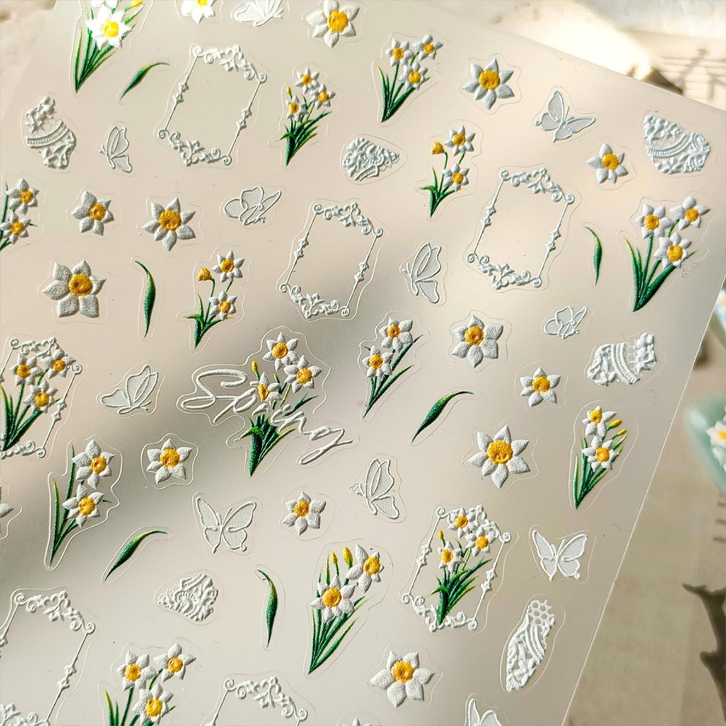 White Flower Nail Art Stickers Decals 5D Self Adhesive Spring Summer Nail Stickers for Nail Art Butterfly Floral Nail Decals for Women Girls