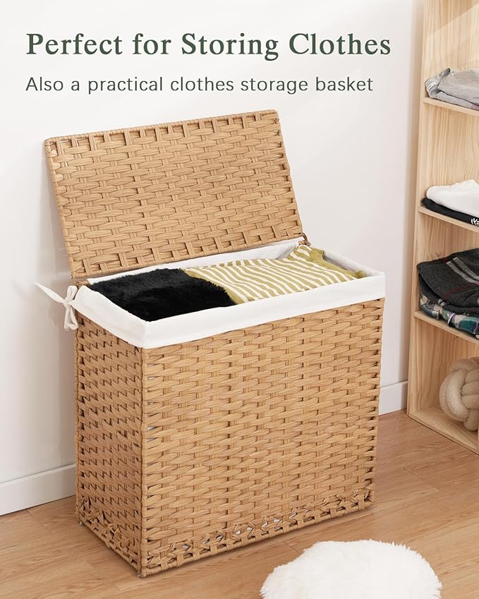 Laundry Hamper with Lid Laundry Basket 132 L (35 Gal) Wicker Clothes Hamper, Handwoven Rattan Hamper with Handles and 4 Removable Liner Bags, 6 Mesh Bags for Laundry Bedroom Natural