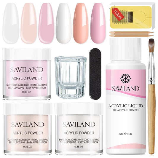 Saviland Acrylic Nail Starter Kit: Clear Pink Nude Acrylic Powder & Liquid, Brush, Files, Forms, Press On Nails, Home Practice Set