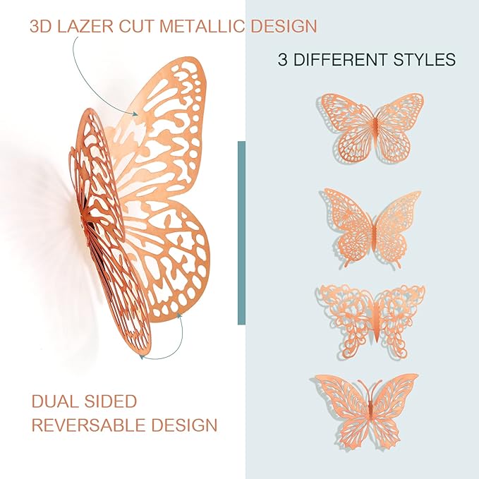 3D Gold Butterfly Wall Decor 3 Sizes 4 Styles Butterfly Party Decorations Cake Decorations Removable Stickers Wall Decor Room Mural Metallic Kids (Rose Gold, 96Pcs)