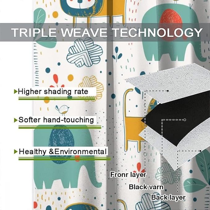 Cute Lions Blackout Curtains for Kids Bedroom,Cartoon Tropical Plants Birds Elephants Print Pattern Window Drapes,Funny Animal Thermal Insulation Curtain for Nursery Baby Room 63x72in