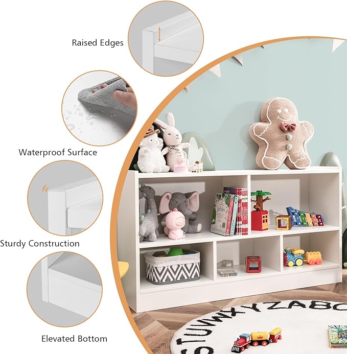 Costzon Toy Storage Organizer for Kids, 5-Section School Classroom Storage for Organizing Books Toys, Wooden Kids Bookshelf Daycare Furniture for Preschool, Playroom, Nursery, Kindergarten (White)