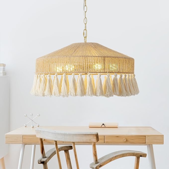 Rattan Pendant Light 19.5in 6 Lights Boho Large Chandelier Wabi-Sabi Pendant Light with Fringe Tassle Chandelier Lighting Fixtures for Living Dining Room Kitchen Bedroom Nursery Girls Room